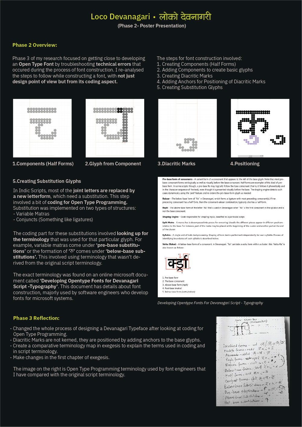 Phase 3 focused on developing an Open Type Font using typeface design tools and Open Type Programming. This phase involved coding for Glyph Substitutions and was the most technical phase of this research project.