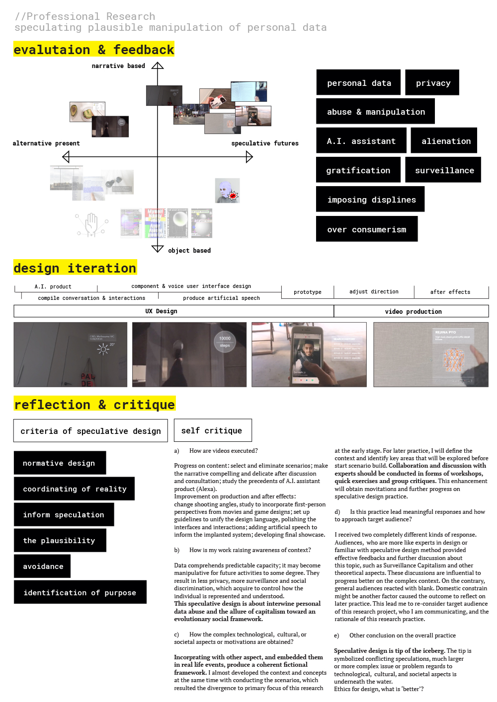 The fictional AI product and video clips are iterated during this phase. Through self critique, scenarios are refined and deliberated to provoke audiences' perceptions. Besides, this phase is a self reflection on overall research practice and speculative design motivations.