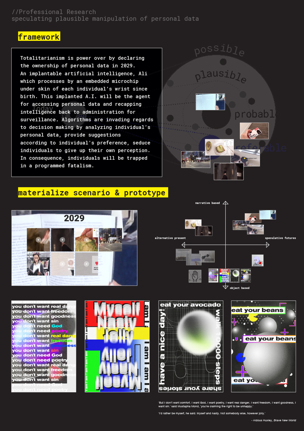 The aim of phase 2 is to materialize the fictional scenarios, and craft the speculations. Through a series of experimental exploration, scenarios were produced in the format as experience trailer clip.