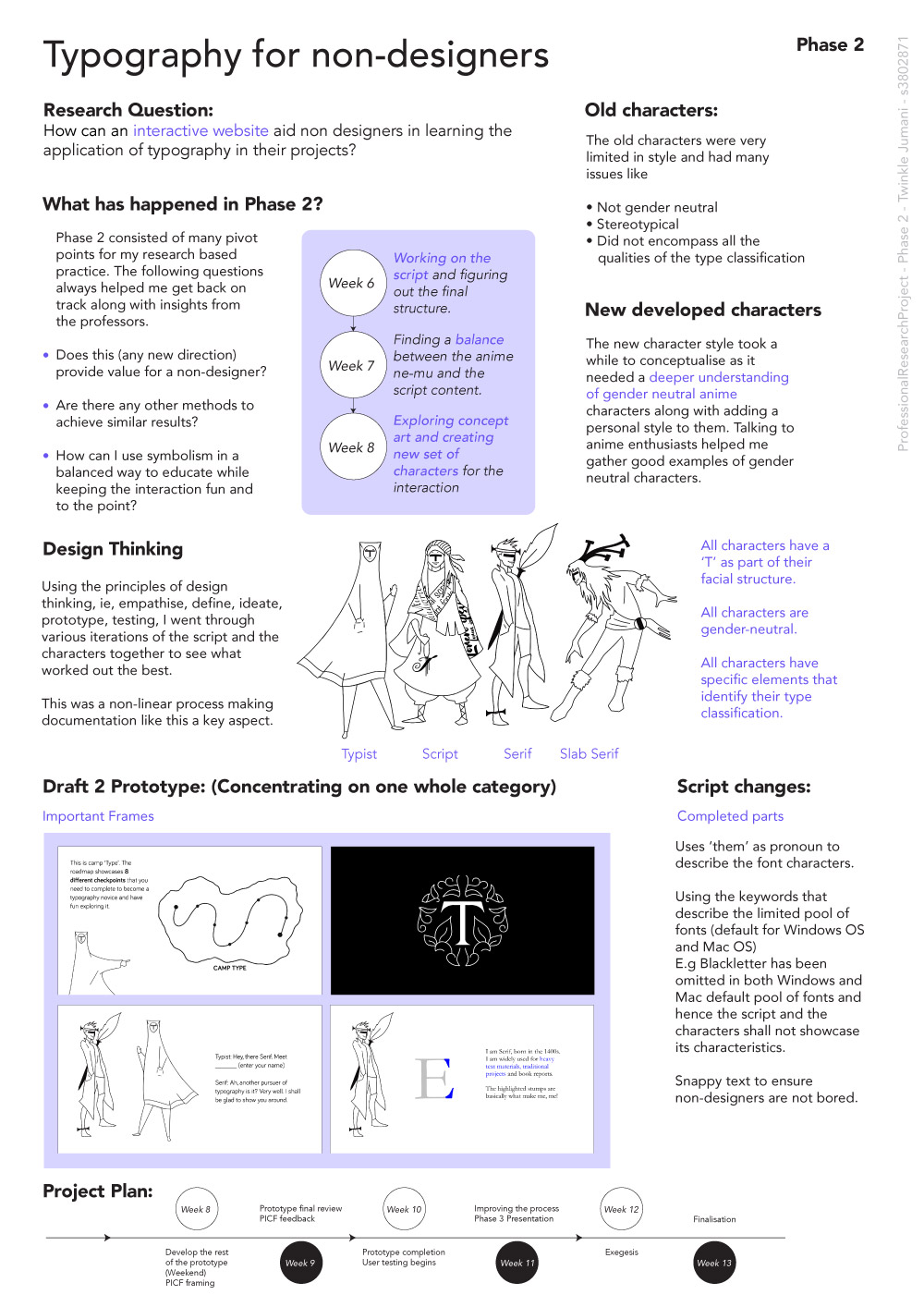 Phase 2 concentrated on creating a symbolic anchor for the typography terms for non-designers by using gamification elements like a story, journey, progress, adventure. This led to a deep dive into character design and development, which was inspired by anime.  The design of the characters was matched to the topics selected for teaching non-designers the basics of typography and spark an interest in the subject. Reflecting on this phase, creating gender-neutral characters was essential to justify typography elements.