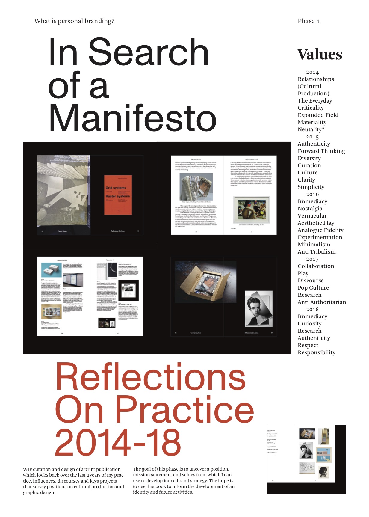 Phase one of the project involved a critical review of my practice over the past four years. The reflection included an analysis of central themes and tactics in my work, as well as inspirations and influential texts. Taking the form of a compendium, the publication was used as a tool for evaluation, critical thinking, and provocation, eliciting motivations and feelings about my progression as a designer and critical thinker. The goal of this phase was to uncover values, motivations, and parameters of my practice thus far.