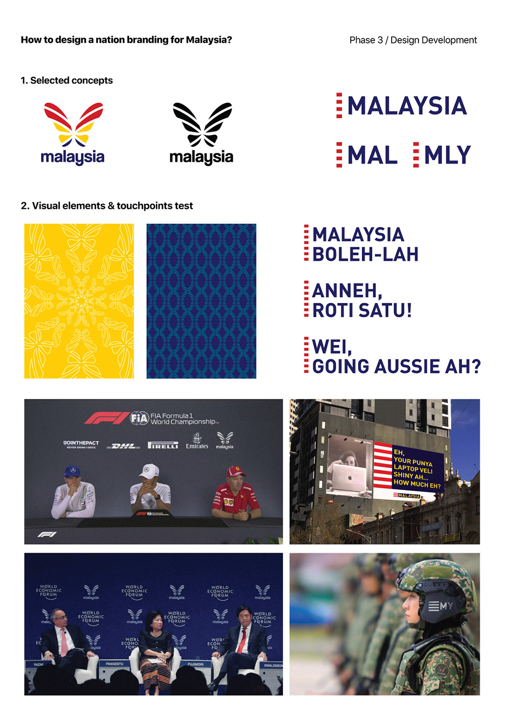 In this phase, I took 2 of 3 potential designs, which are the butterfly & logotype. The reason of selecting those potential designs are because of:

The butterfly:

Malaysia as a multiracial country, identify and applies its national representation in most of the official branding. Most Malaysia national representation uses the Bunga Raya (hibiscus) and Malaya Tiger to show the unity of Malaysia and the strength of the country.Representation needs to reflect the idea of transformation, growth and a new beginning. Thus, the Rajah Brooke butterfly is a significant representation to reflect the new beginning of Malaysia.

The language (logotype):

Malaysia is best known for its multiverse languages as we are living in a multicultural country. And being Malaysian, conversing in Manglish is what makes us united as a nation and a unique country. What if we embrace Manglish and bring it to the next step?

With the rationale, I further developed those direction and applied to selected touchpoints to better communicate the national brand locally & international.